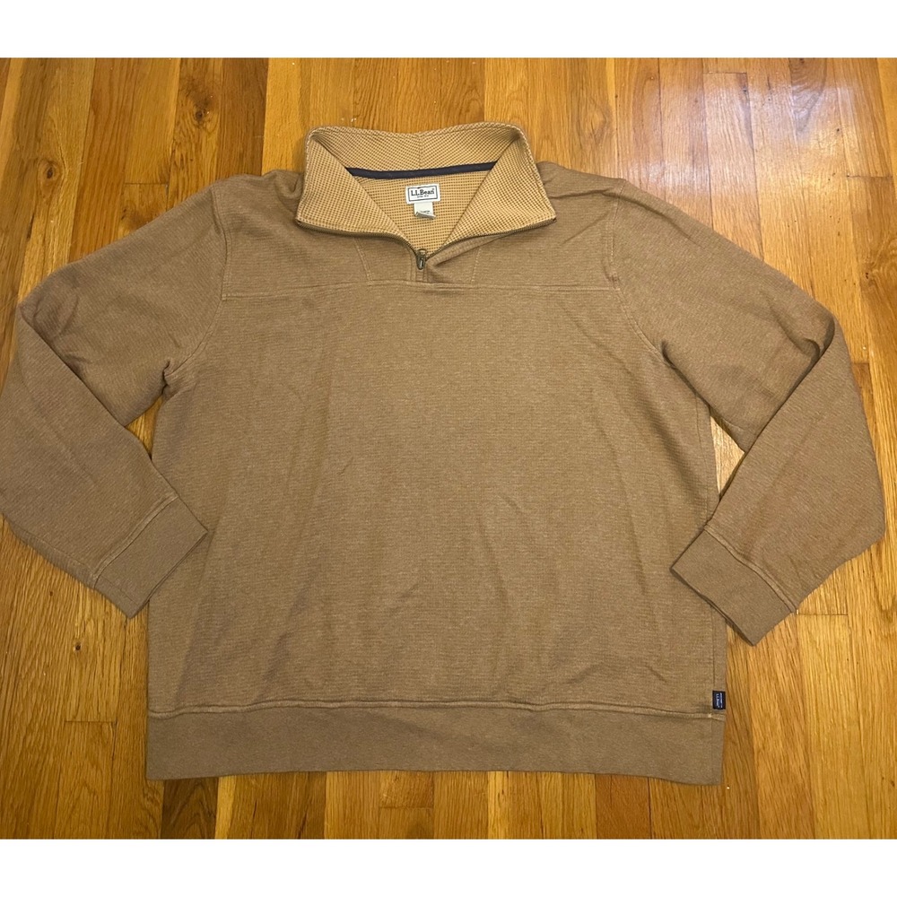 LL Bean Mens XL Quarter Zip Pullover Sweater Tan Brown 100% Cotton 524646